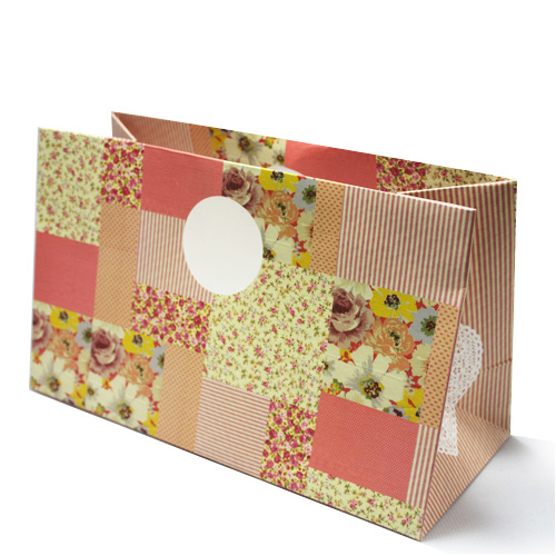 패브릭 라이크 종이 쇼핑백 (사각 꽃무늬) (핑크, 연두)